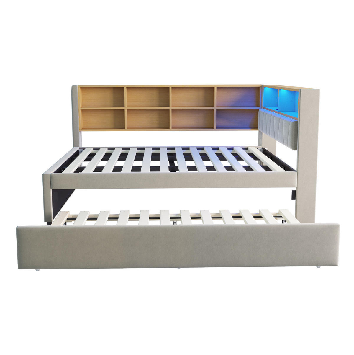 KREVET od flanela 140/200 cm s izvlačnim ležajem 90/190 cm, LED osvjetljenjem i pretincima, Svijetlosiva - svijetlo siva, tekstil (213/98/153cm) - Redom