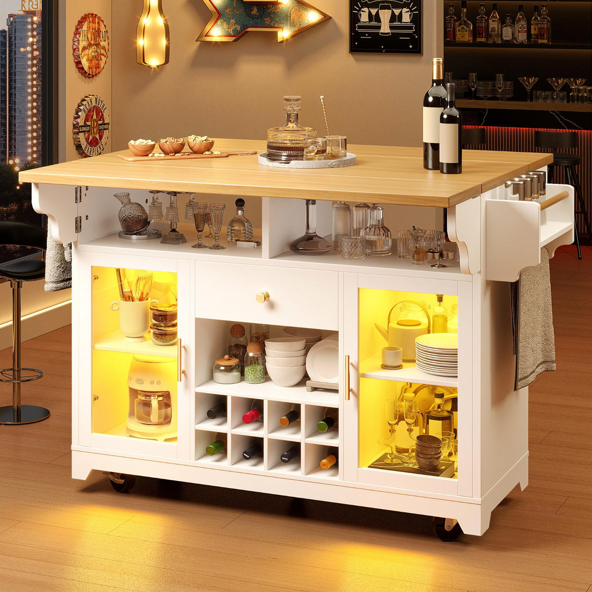 KÜCHENINSEL Mit RGB LED Beleuchtung, Auf Rollen Küche, 120/80/95 cm - Weiß, Holzwerkstoff (80/95/120cm) - Rolipo