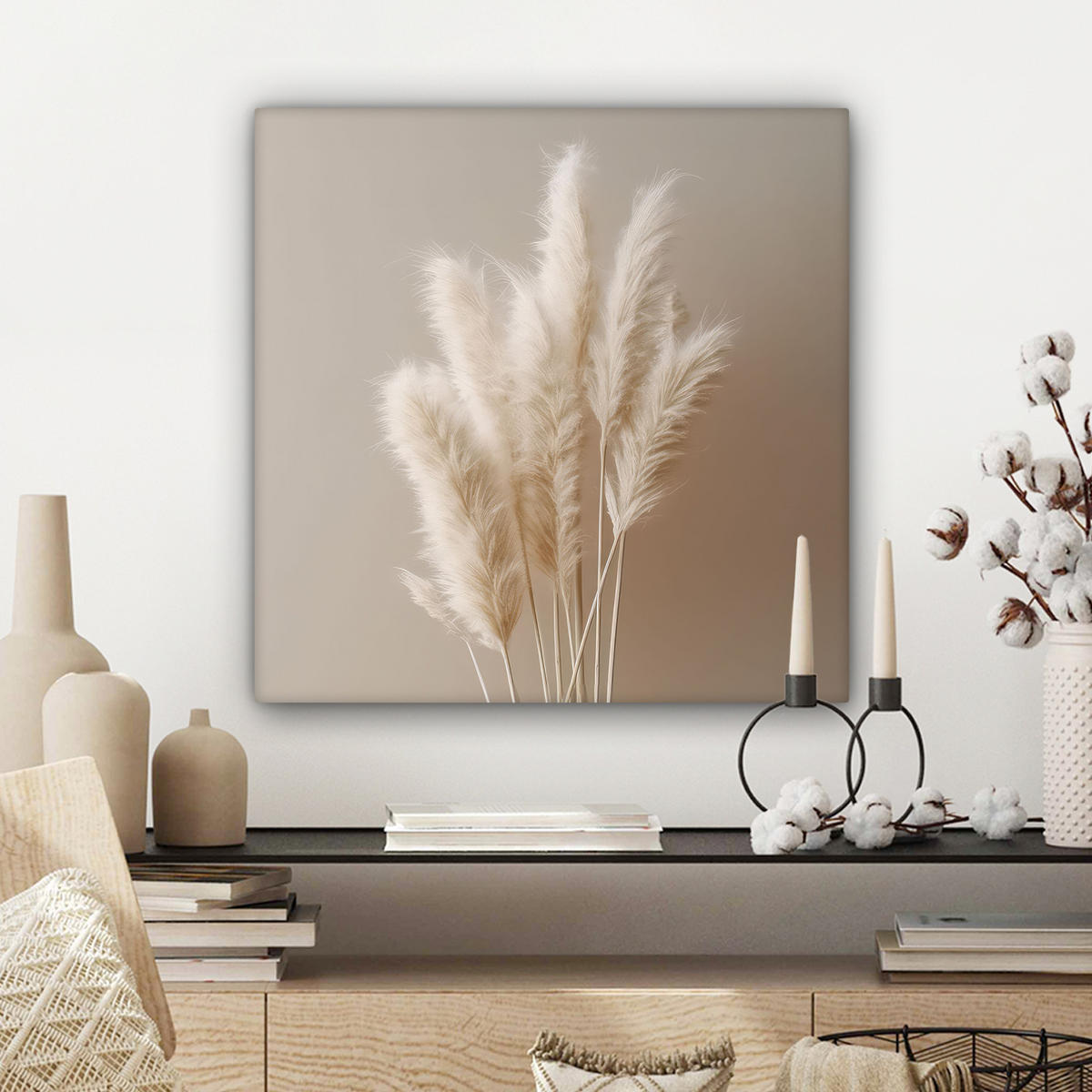 LEINWANDBILD Pampasgras - Federn - Pastell - Weiß Wandbild Wohnzimmer 50x50 cm - Naturfarben, Textil (50/50cm) - MuchoWow