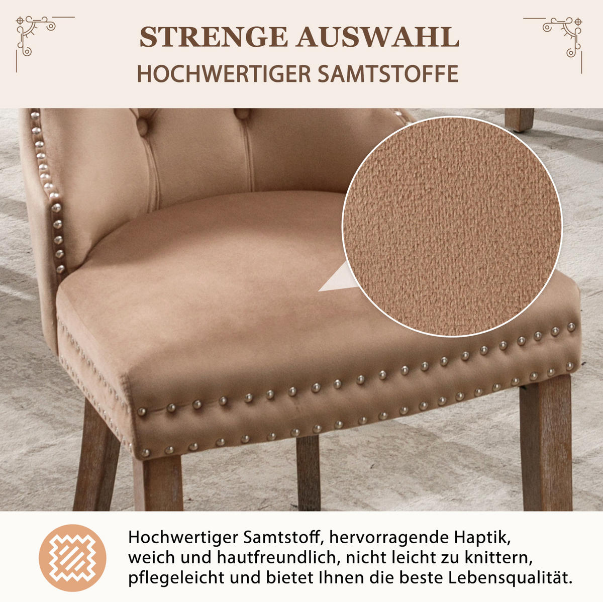 POLSTERSTUHL 2er-Set Samt mit Nagelkopfbesatz und Massivholzbeinen Light Coffee - Braun, Holz (46.5/95/53cm) - Meubliv
