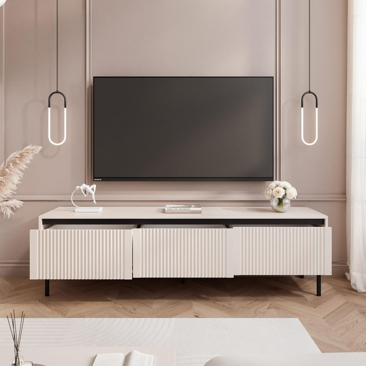 TV-LOWBOARD LIRA stehend, 179 cm Sandbeige - Beige/Schwarz, Holzwerkstoff/Metall (179/50/40cm) - Idohome