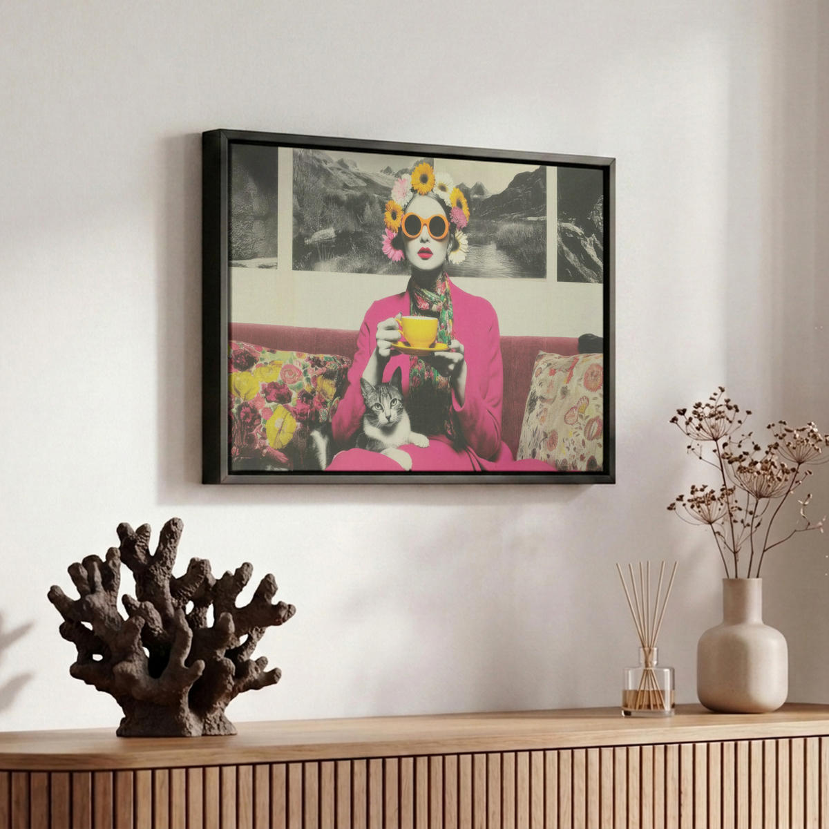 LEINWAND Bilder mit Rahmen - Frau - Katze - Blumen - Tasse - Retro - 30x20 - Magenta, Textil (30/20cm) - MuchoWow