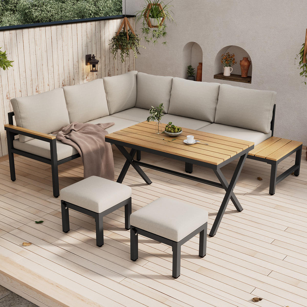 GARTENLOUNGE-SET GRAUBEIGE 4-teilig mit Ecksofa 2 Hockern und Esstisch inkl. Kissen - Beige, Textil - BLACKCUP