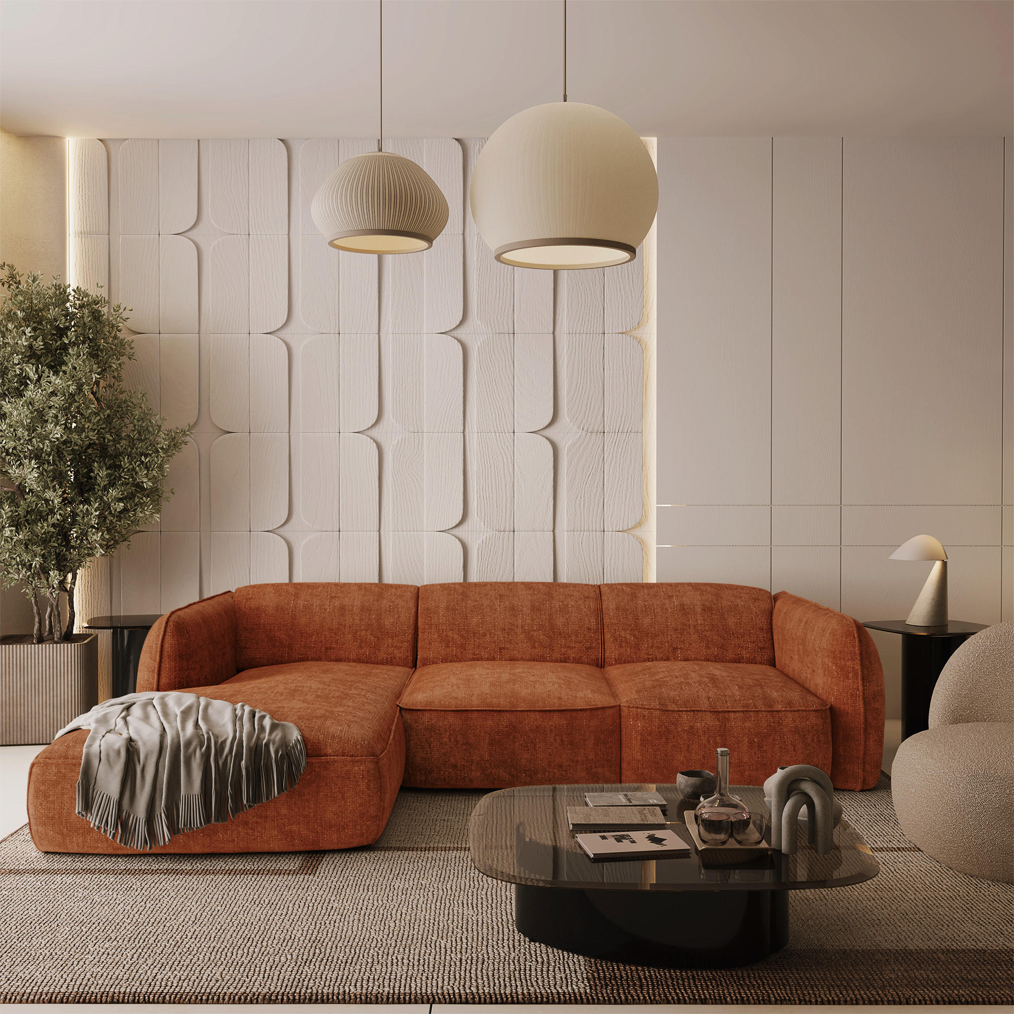 ECKSOFA LINKS Rastervelours Terracotta 272cm - Dunkelorange/Terracotta, Textil (165/272cm) - Sia Home