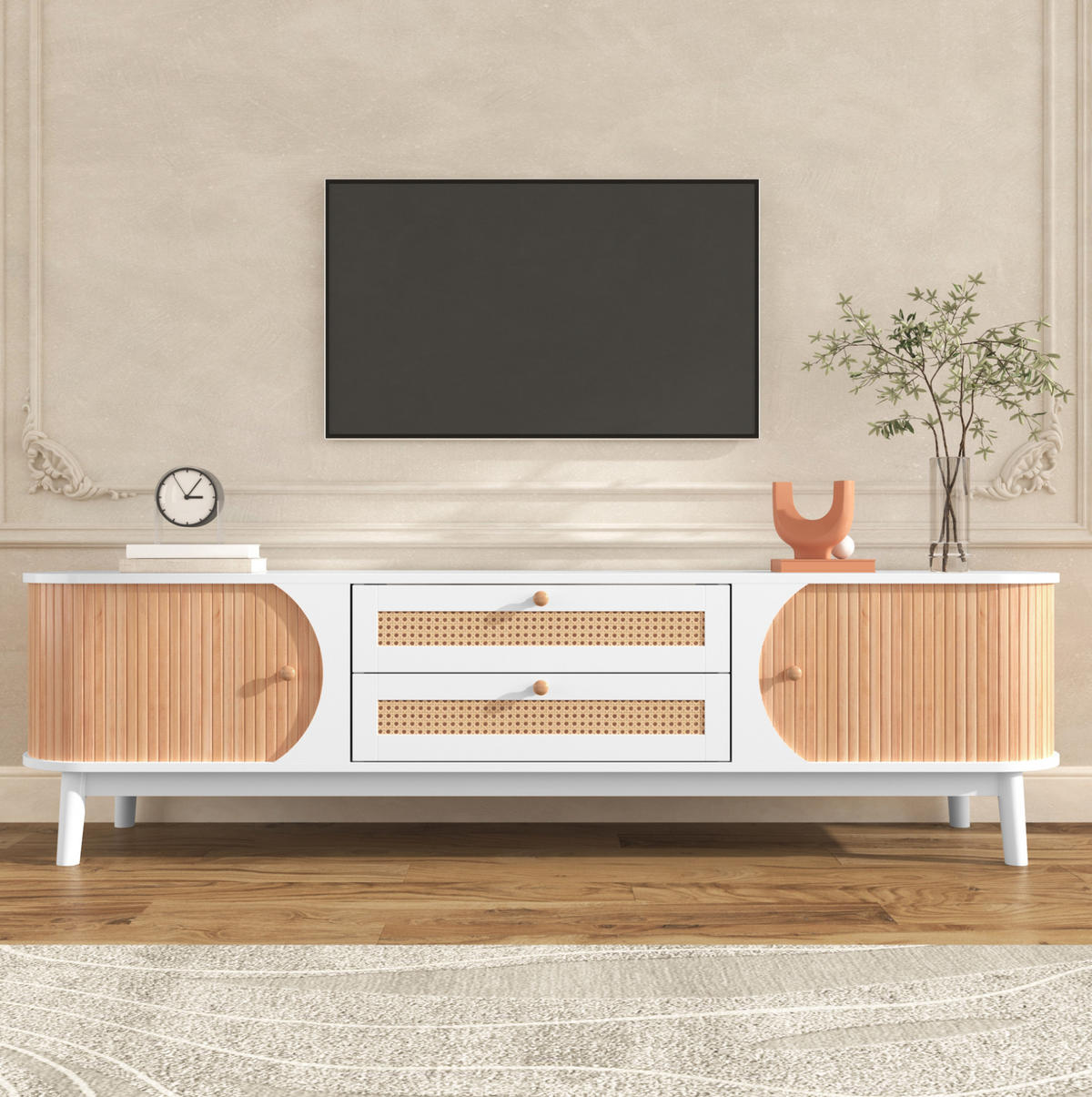 LOWBOARD 170/39.5/46 cm Weiß aus MDF mit Rattanfronten und Türen - Weiß, Holzwerkstoff (39.5/46/170cm) - OKMYHOME