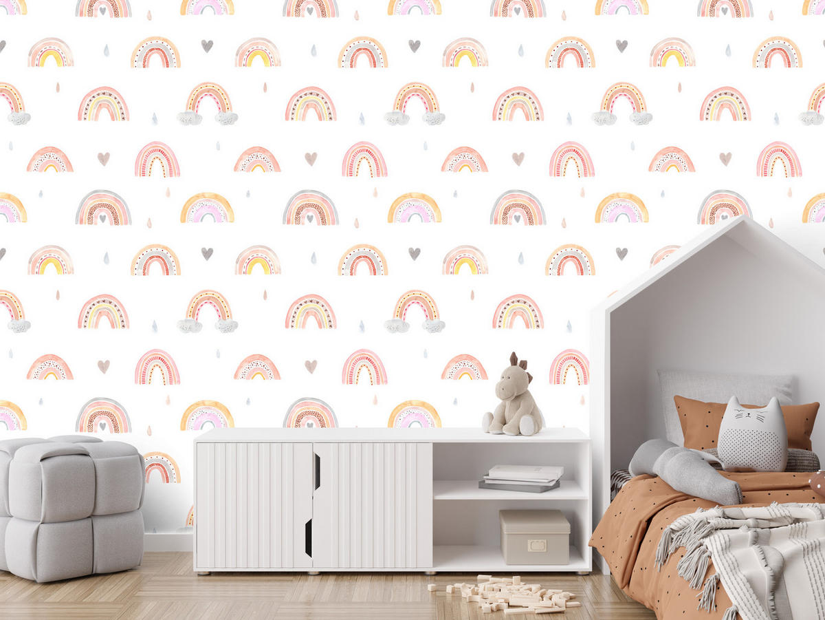 VLIESTAPETE Regenbogen, Wolken und Herzen – Rosa, Beige, Weiß – 50x1000 cm - Beige/Rosa, Papier (50/1000cm) - Muralo