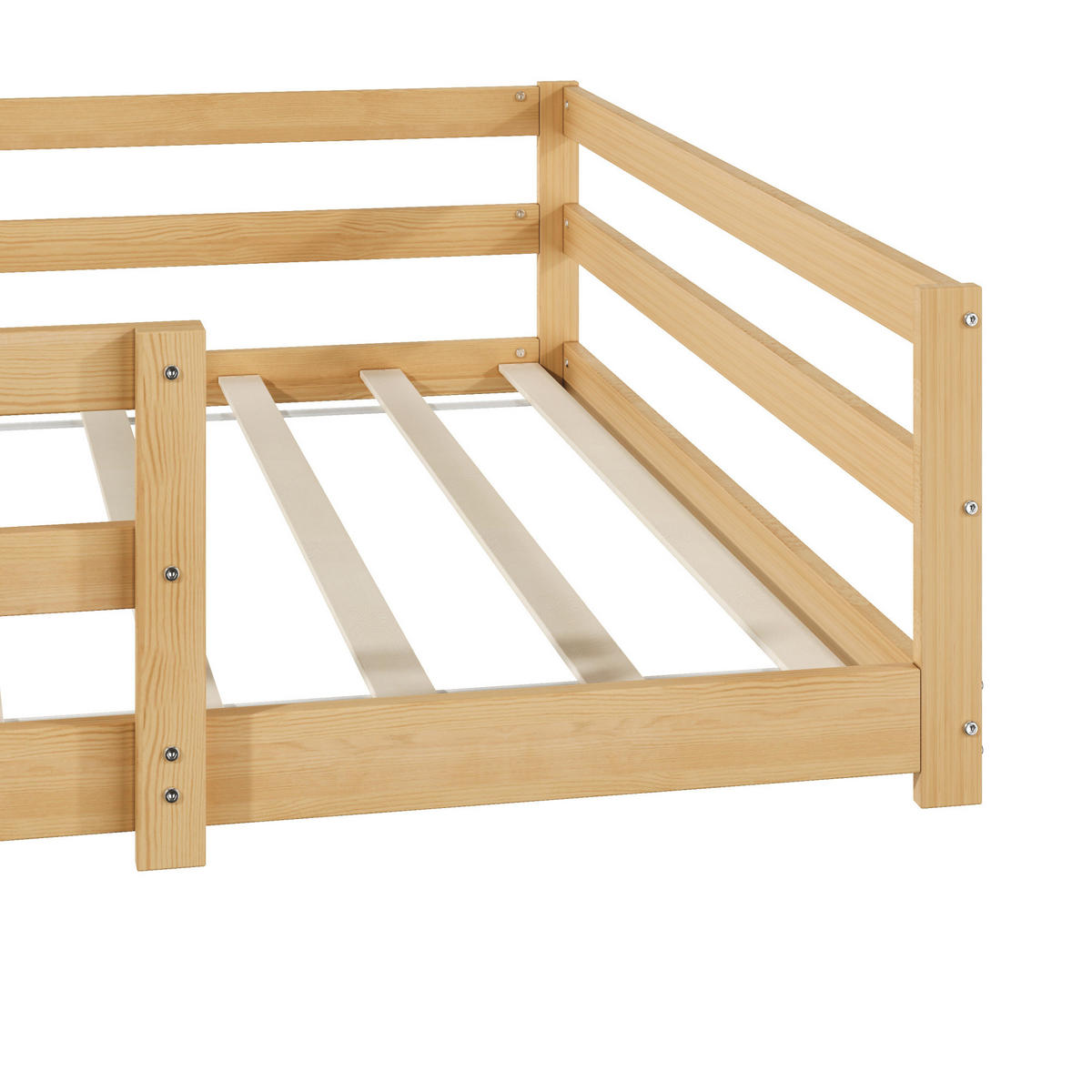 KINDERBETT 140/200 cm mit 4-Seiten-Umrandung und Lattenrost, niedriger Einstieg ohne Matratze - Naturfarben, Holz (140/200cm) - MIVRAY
