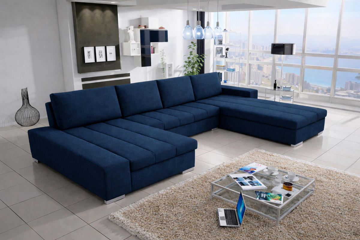 WOHNLANDSCHAFT VERONA U-Form mit Schlaffunktion, Bettkasten und Wellenfederung – Großzügiges Ecksofa 387 cm - Blau, Kunststoff (387/85/213cm) - Wohnideebilder