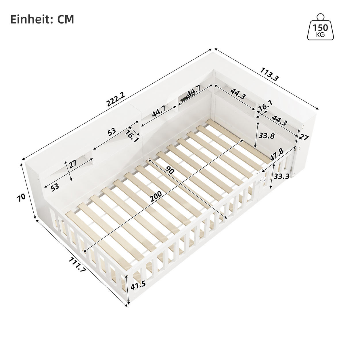 TAGEBETT 90x200cm Weiß Spanplatte Bettseite Staufach Steckdose USB - Weiß, Holz (90/200cm) - FLIEKS