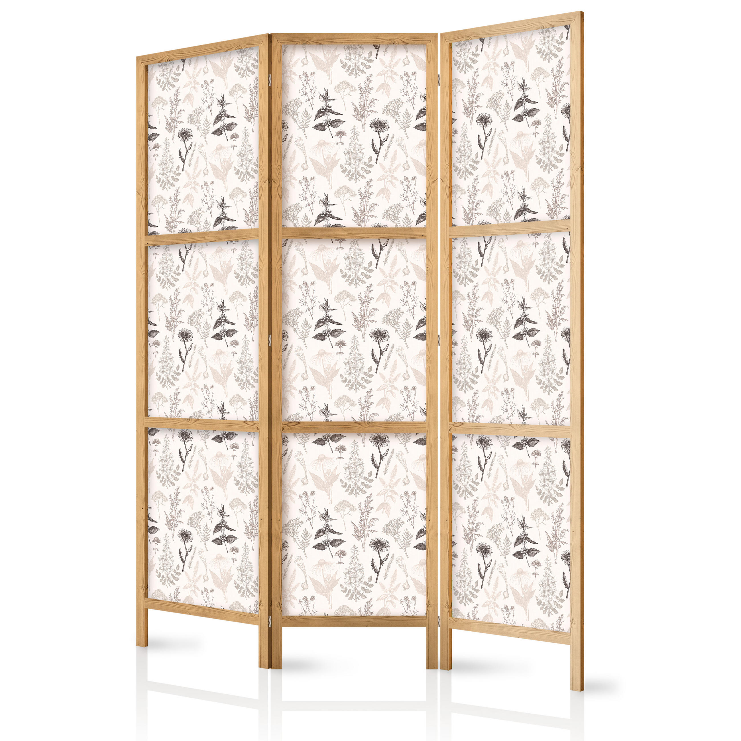 PARAVENT Japanischer 3-tlg 135x172 cm Kr uter Und Blumen - Beige, Holz/Textil (135/172/3cm) - Muralo