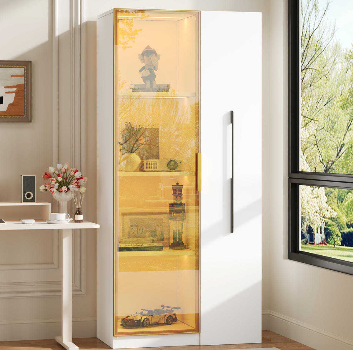HIGHBOARD 70/40/160 cm in Weiß mit LED-Beleuchtung und seitlichem Stauraum - Weiß, Holzwerkstoff (70/160/40cm) - Flora Grace