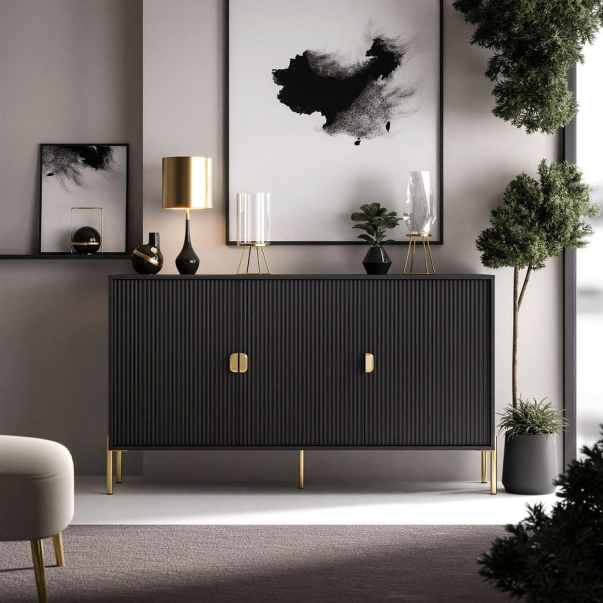 KOMMODE DALIA 3D - Goldfarben/Schwarz, Holzwerkstoff (154/84/49cm) - Lookway