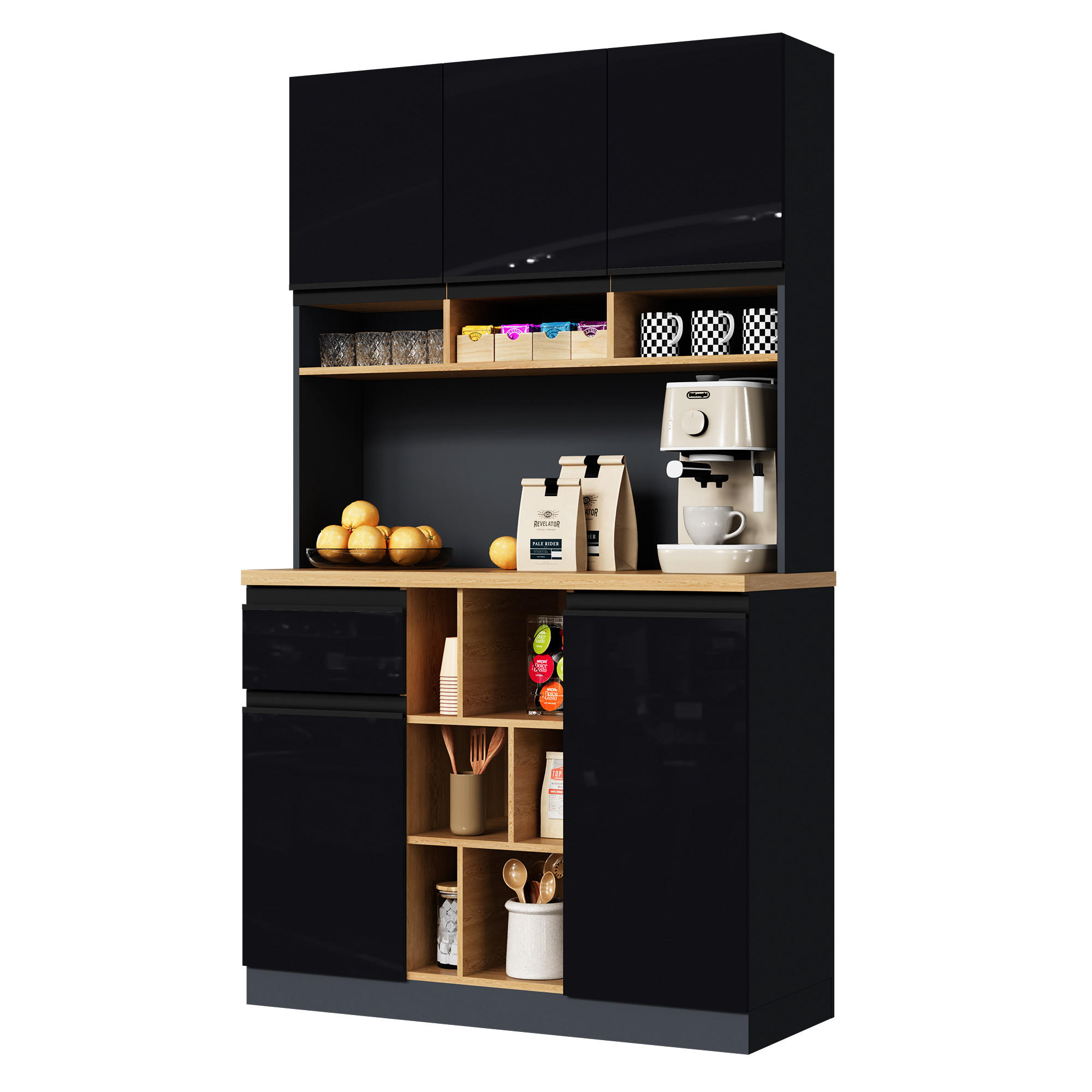 KÜCHENBUFFET mit 1 Schubladen und verstellbaren Einlegeböden, 105 x 45 x 185 cm, Schwarz/Natur, MDF - Schwarz, Holzwerkstoff (105/185/45cm) - SONNENH