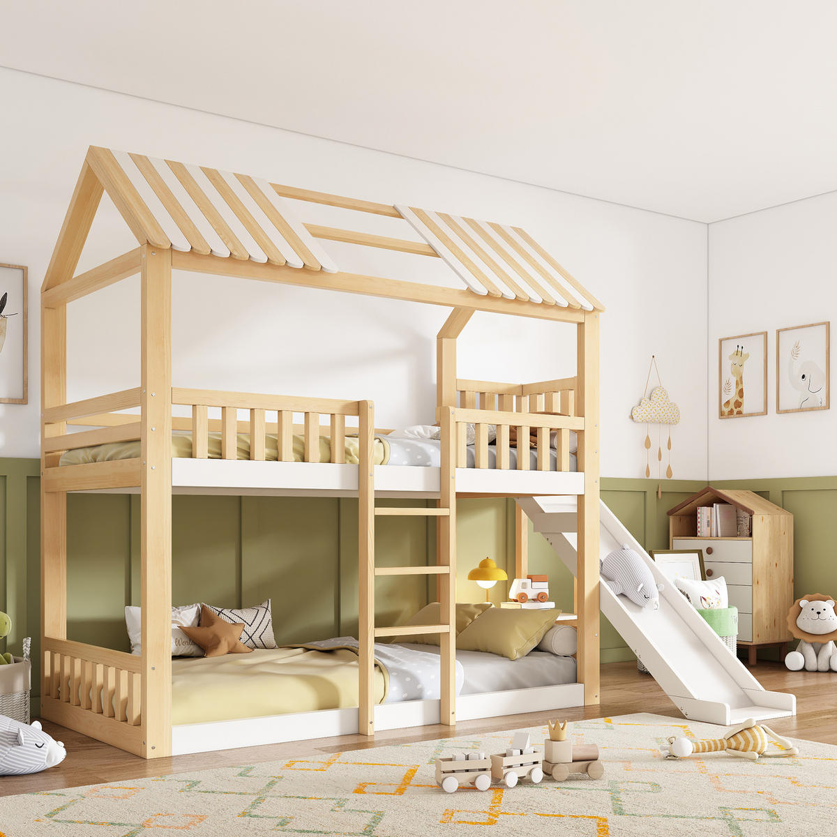 ETAGENBETT 90/200 cm & 90/200 cm in Weiß & Natur Kinderbett mit Regal und Rutsche im Hausbett-Design - Weiß/Naturfarben, Holzwerkstoff (90/200cm) - STILVORA