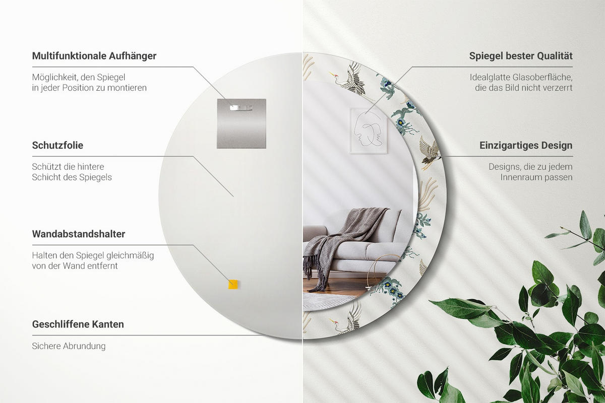 SPIEGEL Rund Ø 70 cm mit Aufdruck - Multicolor, Glas (70/70/0.4cm) - Wallfluent