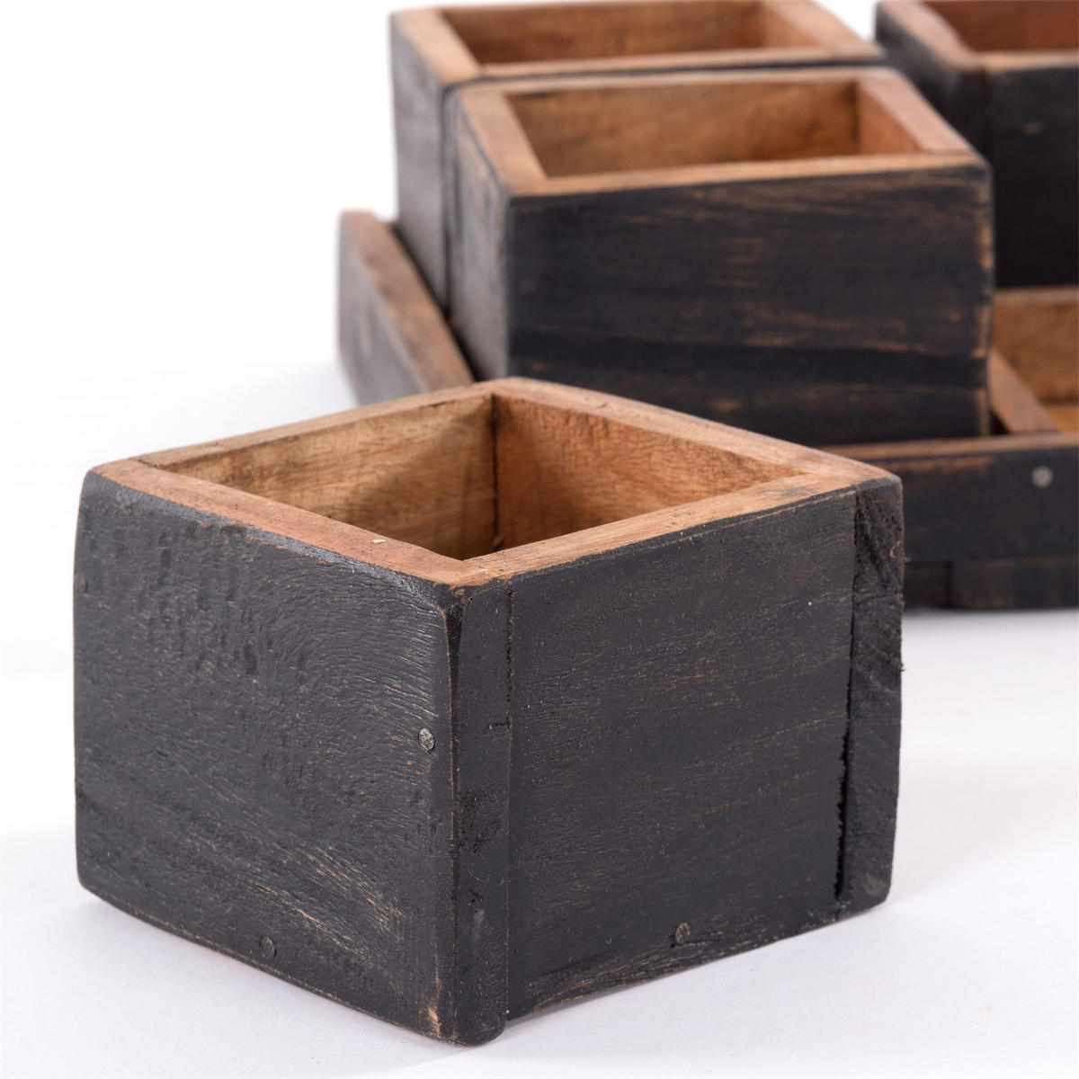 KISTEN-SET Cubo 5-tlg. Massivholz 04 schwarz-natur - Graubraun, Holz (4cm) - DESIGN DELIGHTS
