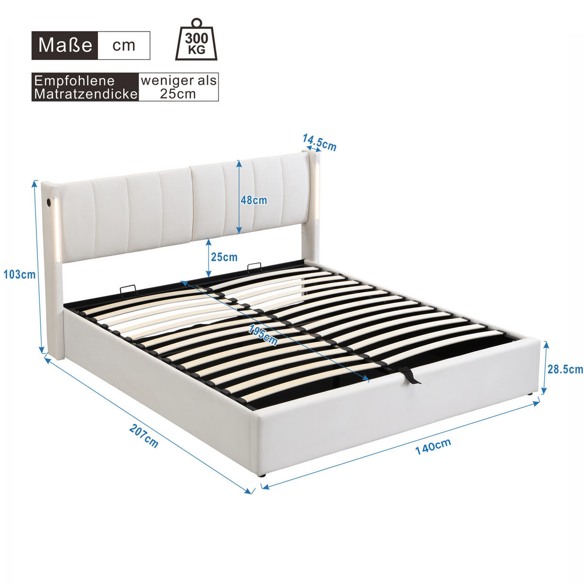 BETT mit Stauraum 140x200 cm PU Weiß mit LED - Weiß, Metall (140/200cm) - Meubliv