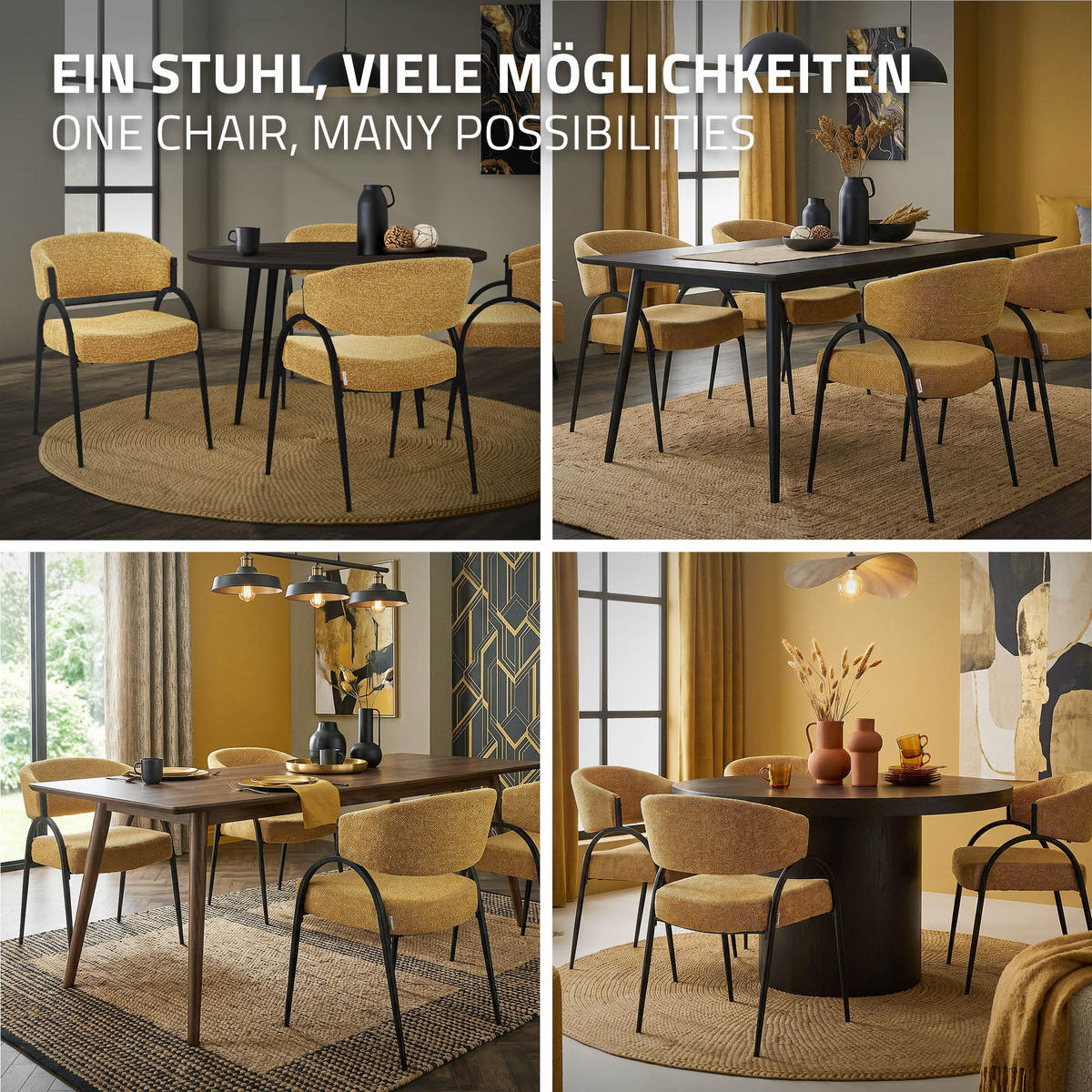 ESSZIMMERSTUHL 2er Set Küchenstühle gepolstert mit Webstoff-Bezug und Arm- und Rückenlehne Senf - Gelb/Schwarz, Textil/Metall (54/81/65cm) - ML-DESIGN