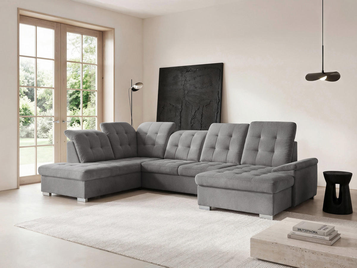 WOHNLANDSCHAFT ANON Ottomane Links, mit Schlaffunktion und Bettkasten, Grau - Grau, Kunststoff/Textil (322/87/220cm) - Idohome