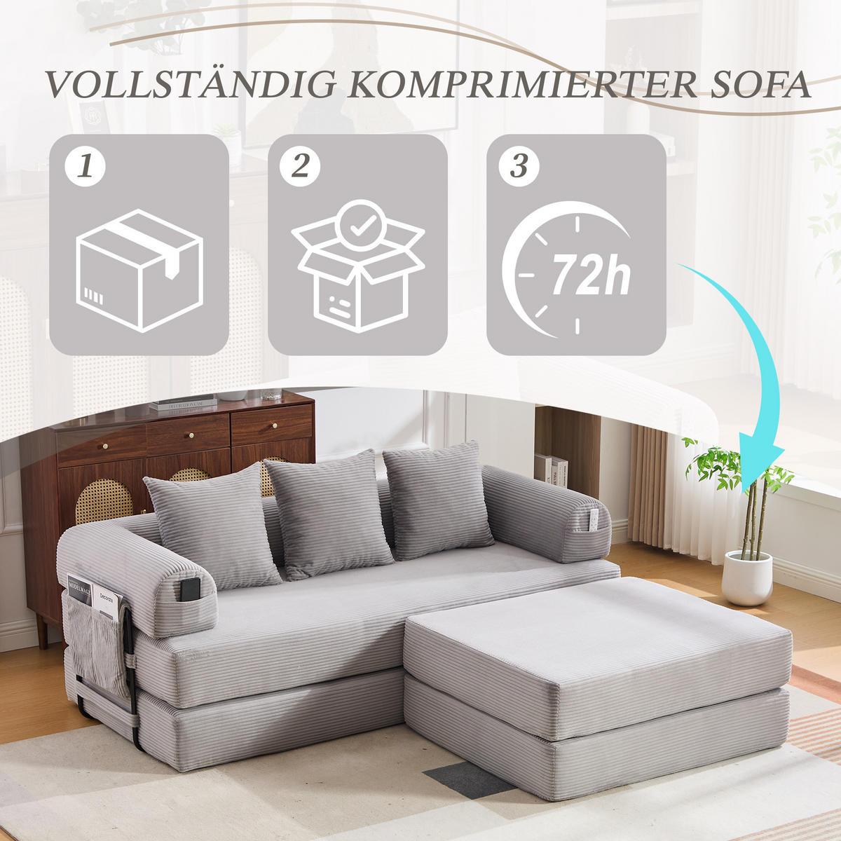 ECKSOFA Cord Hellgrau mit Hocker und Kissen - Hellgrau, Textil/Metall (218/285cm) - WISHDOR