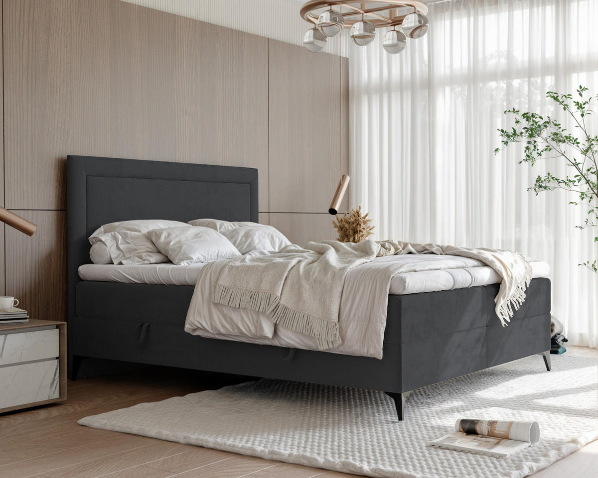 BOXBETT NERO 200/200 cm mit Matratze und Topper, Grau - Schwarz/Grau, Holzwerkstoff/Textil (200/200cm) - Idohome
