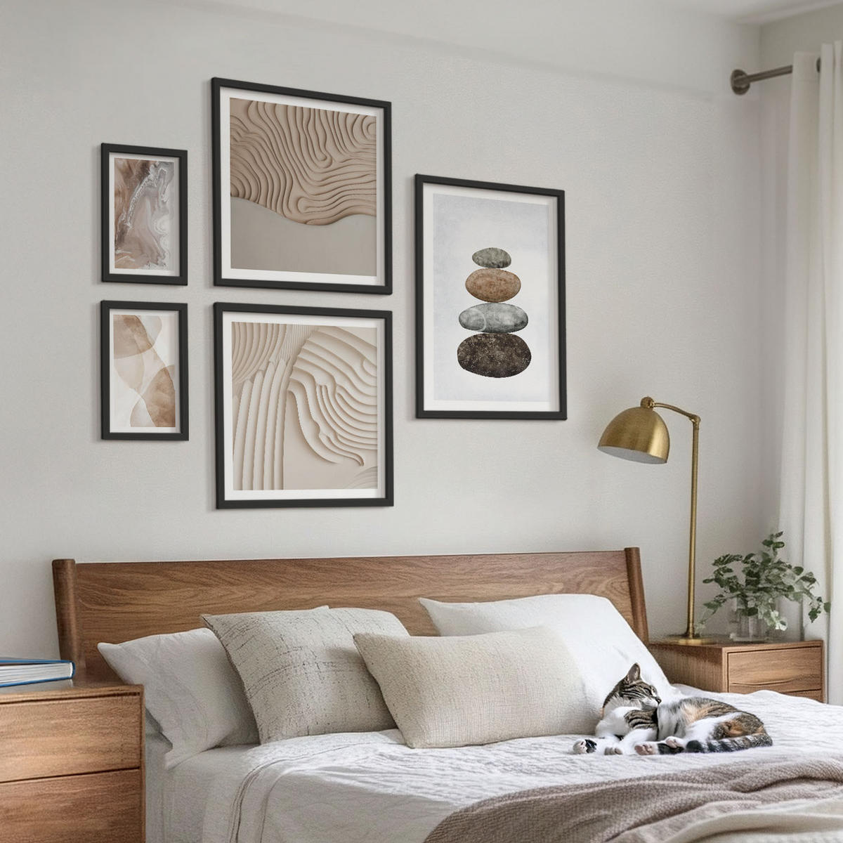 BILDER SET 5er Set - 50x50 cm & 20x30 cm & 40x60 cm Schwarzer Rahmen - Abstrakte bemalte Strukturen - Schwarz, Kunststoff (40/60cm) - TULUP