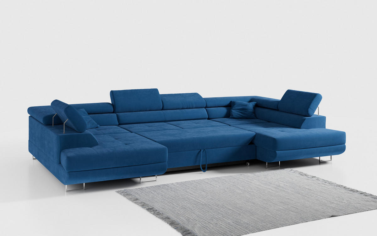 WOHNLANDSCHAFT GUSTAW U Dunkelblau Velvet - Silberfarben/Dunkelblau, Textil/Metall (340/55/205cm) - MKS