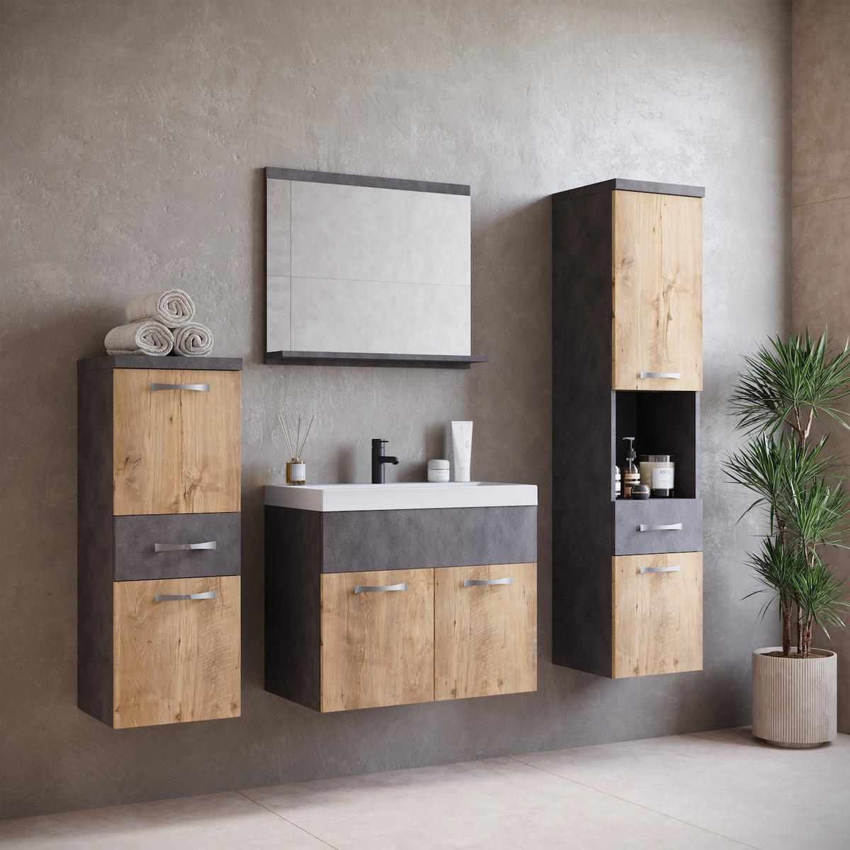 BADMÖBEL-SET Alba 5 Teile Kastanien Eiche / Grau - 60 x 35 x 51 cm - Eichefarben/Schwarz, Holz (60/51/35cm) - Badplaats