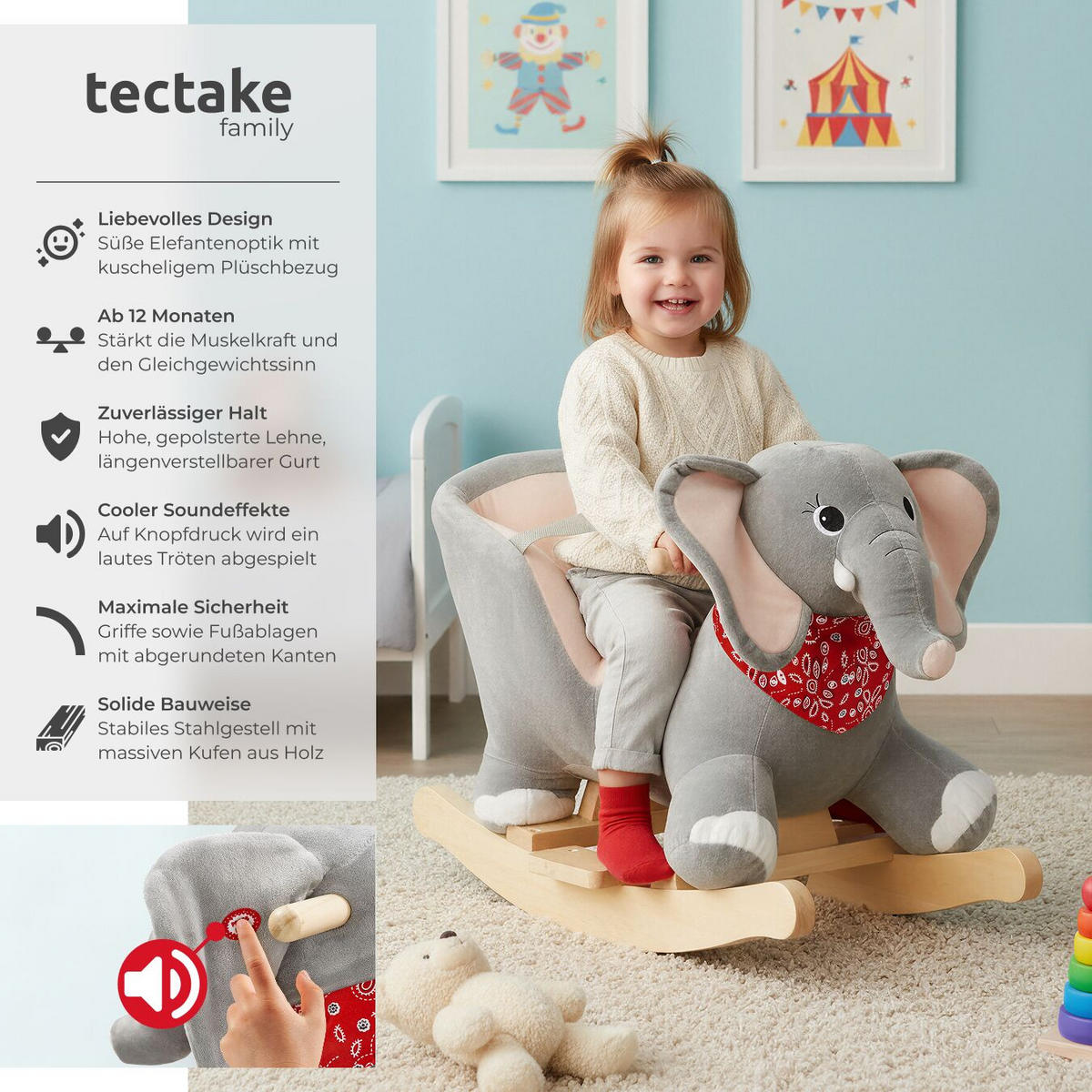 SCHAUKELTIER Elefant ,massive Holzkufen, ab 12 Monaten geeignet,grau - Grau, Kunststoff (33/45.5/63cm) - tectake