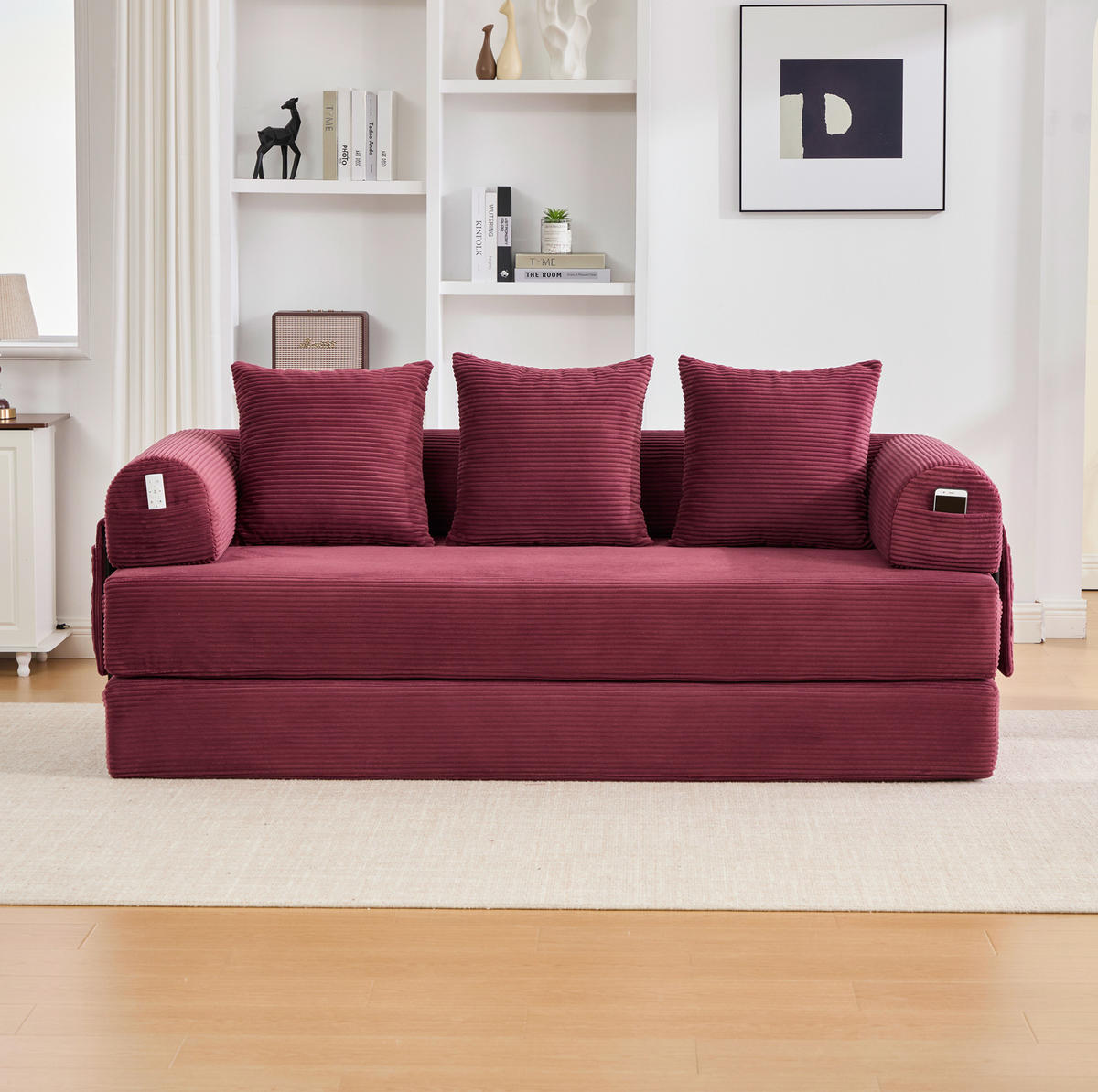 SOFA modular 200 x 94 cm Cord Wine Red mit Metallgestell und 3 Kissen - Rot, Kunststoff (94/67/200cm) - Meubliv