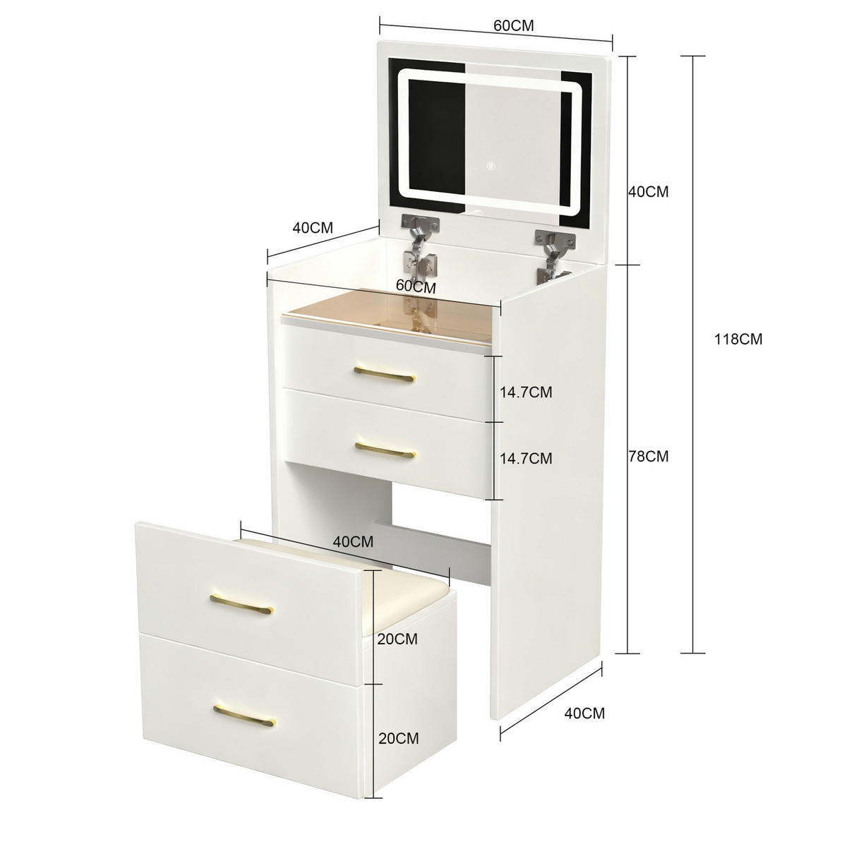 SCHMINKTISCH aus MDF 60x40x118 cm Weiß mit klappbarem Spiegel, Glasplatte und Hocker mit Stauraum - Weiß, Holzwerkstoff (60/118/40cm) - Modfu