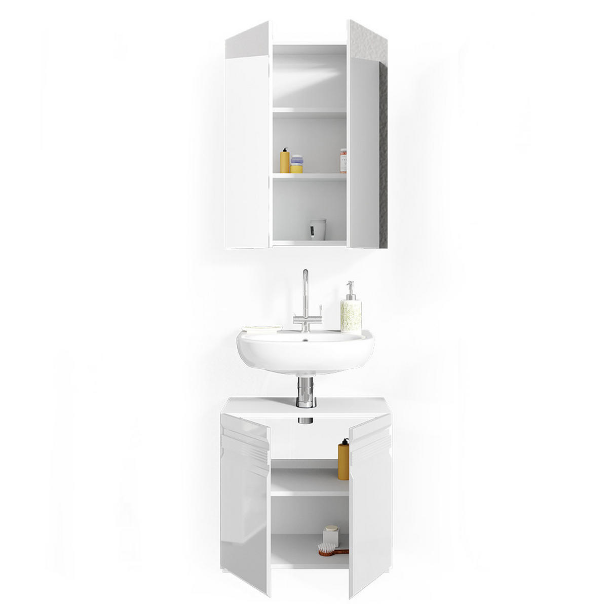 BADMÖBEL-SET Fredd Weiß Hochglanz 2 Teile - Weiß Hochglanz, Holzwerkstoff (56/60/34cm) - Vicco