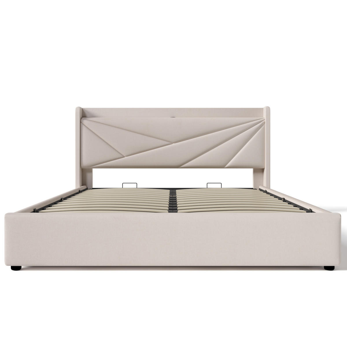 POLSTERBETT 180/200 cm mit Bettkasten & USB/Typ-C-Ladefunktion, geometrisches Kopfteil, Beige - Beige, Textil (180/200cm) - Redom