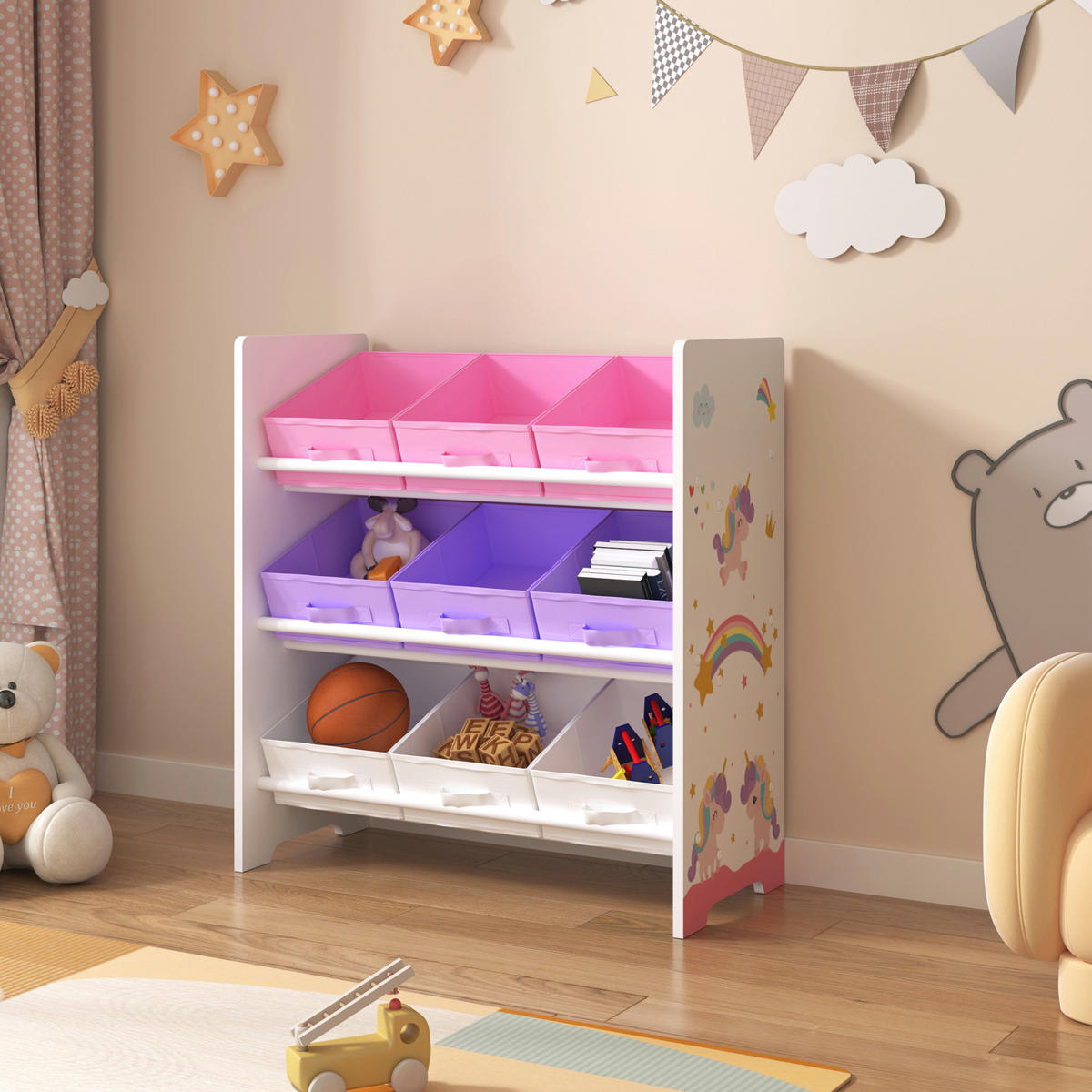 KINDERREGAL Boiro - Lila/Weiß, Holzwerkstoff/Textil (62/59.5/29.5cm) - [en.casa]