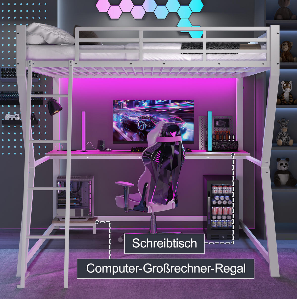 HOCHBETT 140/200 cm aus Metall und MDF mit Schreibtisch, LED-Beleuchtung und Steckdose Weiß - Weiß, Metall (140/200cm) - Modenvie