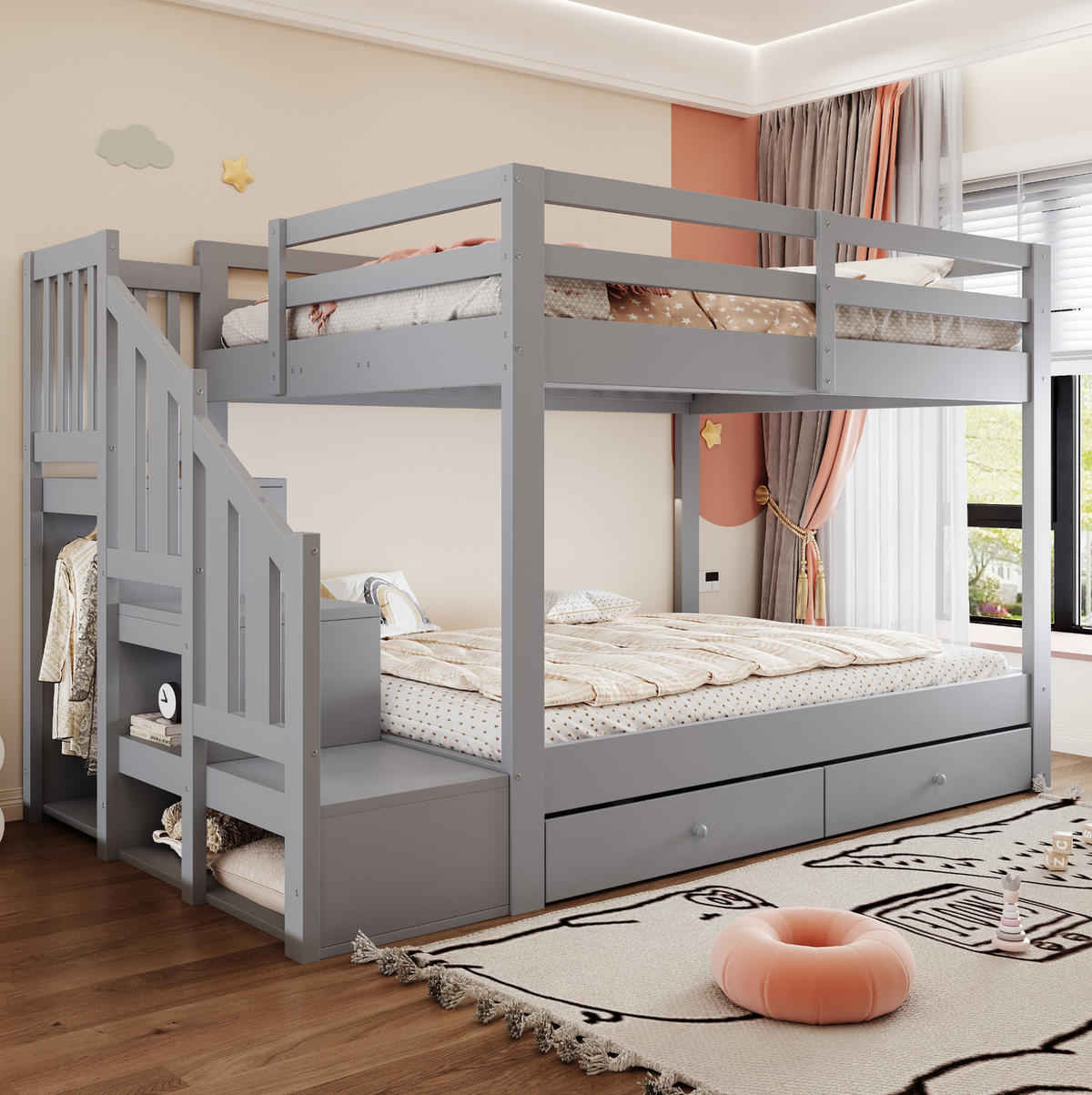 ETAGENBETT aus Kiefernholz 140x200 cm Grau mit Stauraumtreppe und 2 Schubladen - Grau, Holz (140/200cm) - Modfu