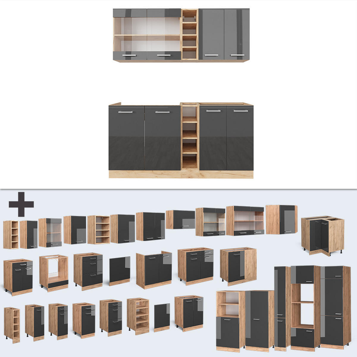SINGLEKÜCHE R-Line Anthrazit Hochglanz/Goldkraft Eiche 160 cm AP Anthrazit - Honigeiche/Anthrazit, Holzwerkstoff (160/81.6/60cm) - Vicco