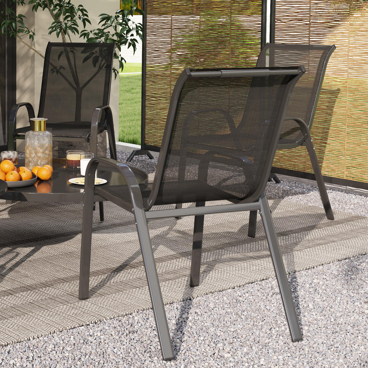 GARTENSESSEL 4er-Set DE-13249 stapelbar, hohe Rückenlehne Schwarz - Schwarz, Metall (54/93/71cm) - ComfortXL