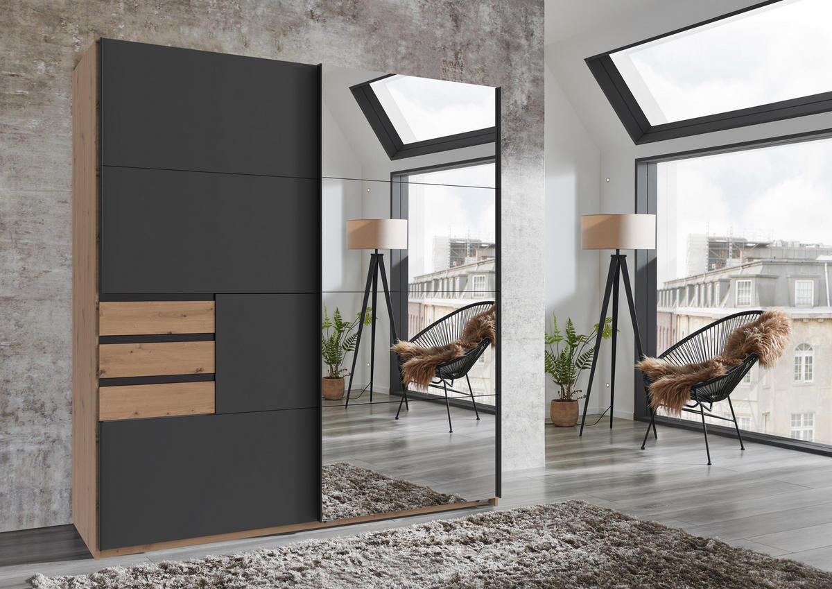 SCHWEBETÜRENSCHRANK Oldenburg in Artisan Eiche mit Spiegeltür und Grafitfront - Eiche Artisan/Braun, Holzwerkstoff (180/198/65cm)