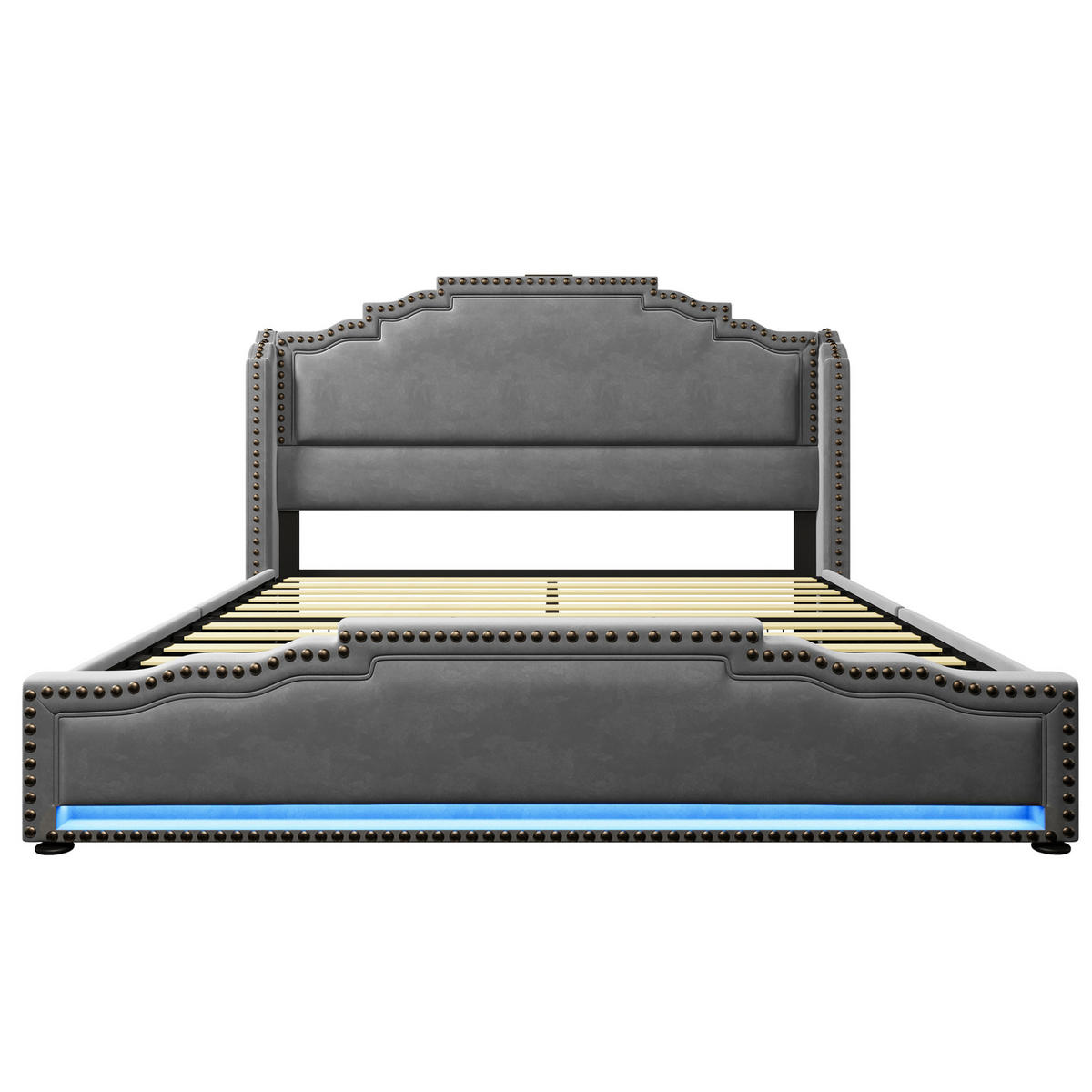 POLSTERBETT 160/200 cm mit LED-Beleuchtung, USB-C-Anschluss, 4 Schubladen und Lattenrost, Samt, Grau - Grau, Textil (160/200cm) - Redom