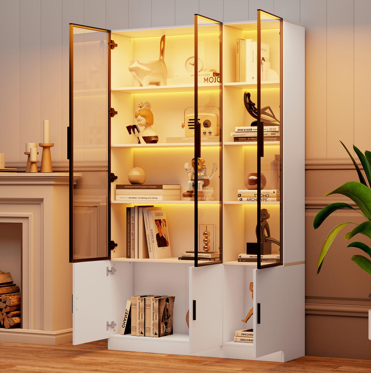 VITRINE 120/32/200 cm aus MDF mit Glastüren, LED-Beleuchtung und Sanftschluss Weiß - Weiß, Holzwerkstoff (120/200/32cm) - Modenvie