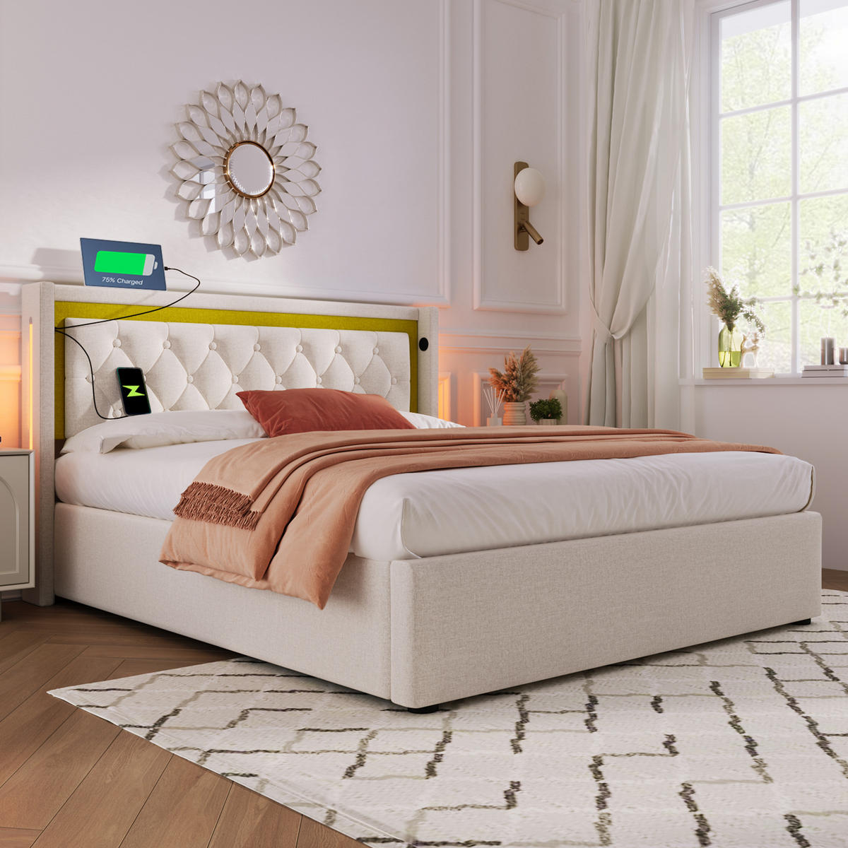 POLSTERBETT 140/200 cm Beige mit Stauraum, LED und USB- und Type-C-Anschlüssen - Beige, Textil (140/200cm) - Flora Grace