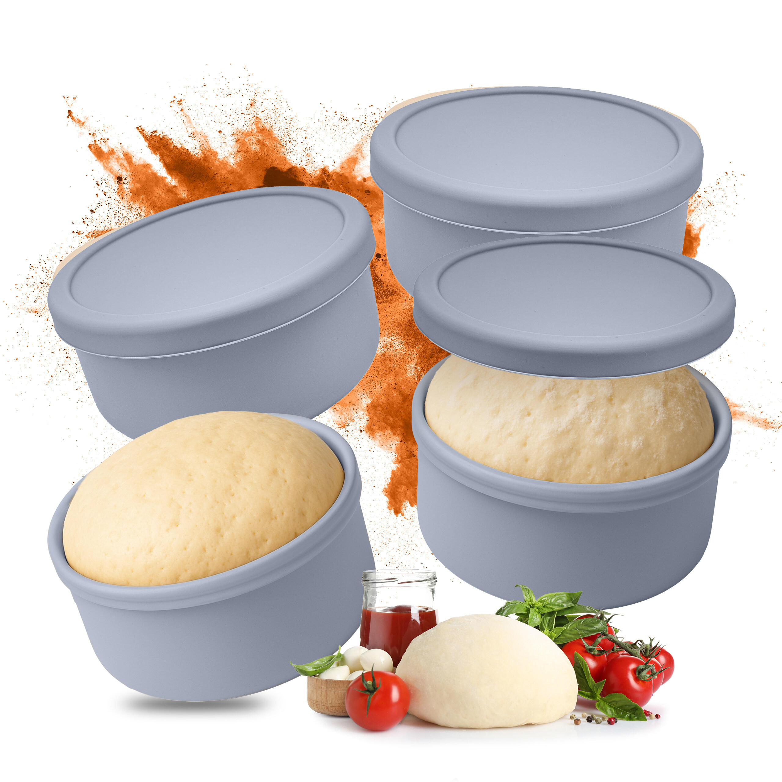 PIZZATEIGBOX Blau 4er-Set Silikon mit Deckel 6,5x14,5 cm - Blau, Kunststoff (14.5/6.5/14.5cm) - Relaxdays
