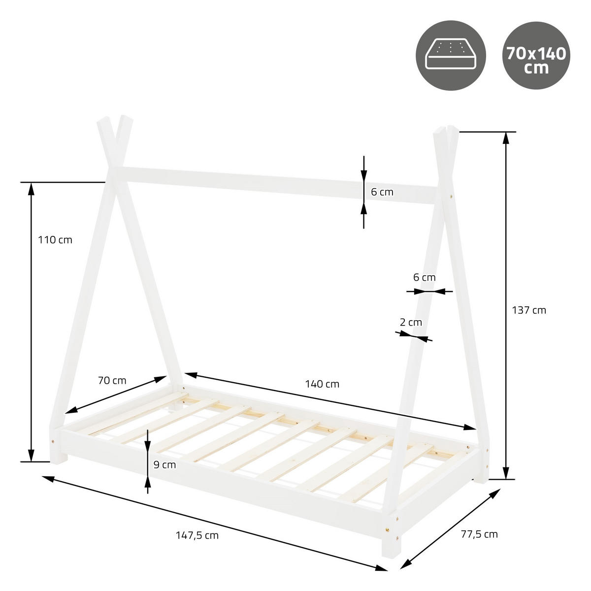 KINDERBETT Tipi mit Matratze 70x140 cm Weiß - Weiß, Holz (70/140cm) - ML-DESIGN