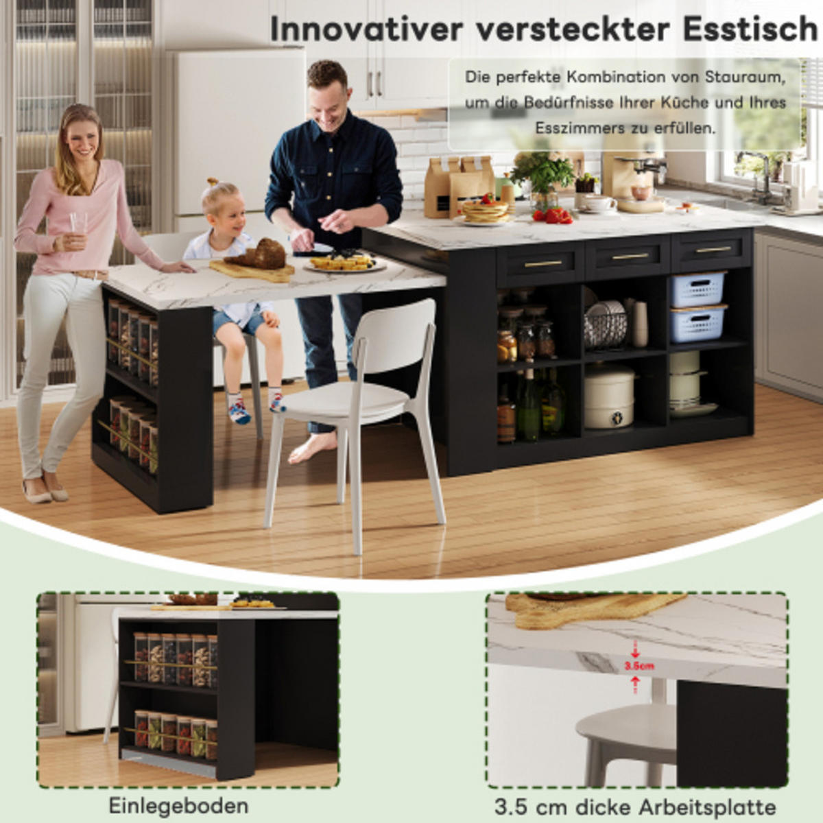 KÜCHENINSEL Schwarz-Weiß aus MDF mit integriertem ausziehbarem Esstisch 150 × 90 × 90 cm - Schwarz, Holzwerkstoff (150/90/90cm) - Luhomfu