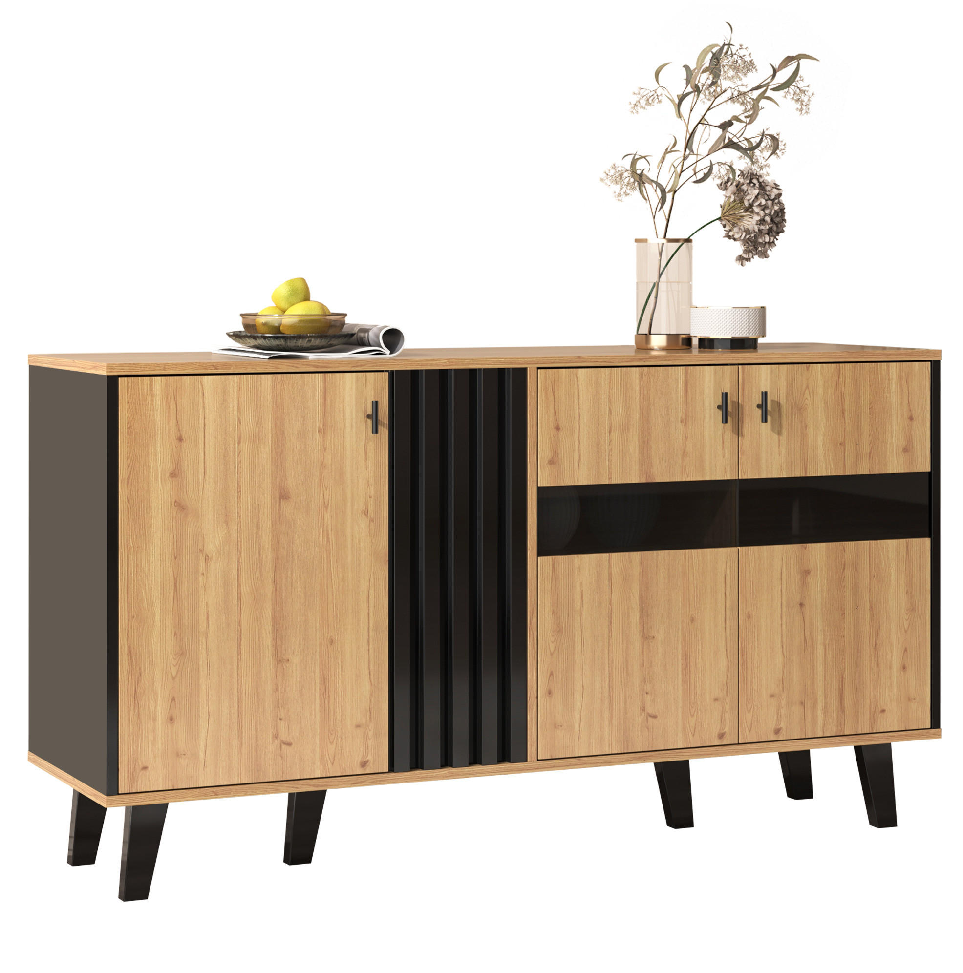 SIDEBOARD 140/41/78,5 cm mit 3 Türen, Glas-Element und LED in Holzfarben - Naturfarben, Holzwerkstoff (140/78/41cm) - BEAOK