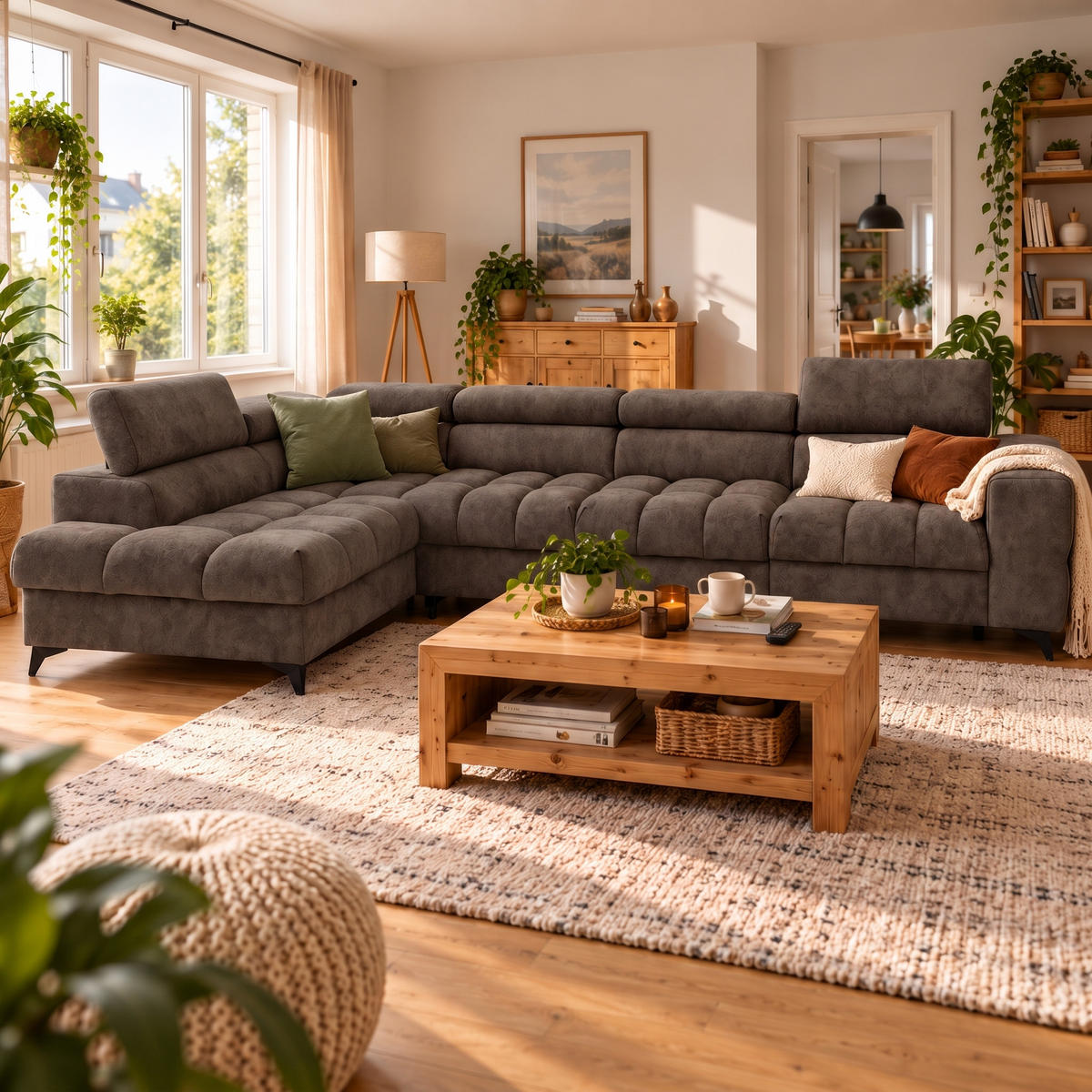 ECKSOFA PUDDING MAXI L Links mit Schlaffunktion 125x195 Velours Braun - Schwarz/Braun, Holz/Textil (350/203cm) - Muffo