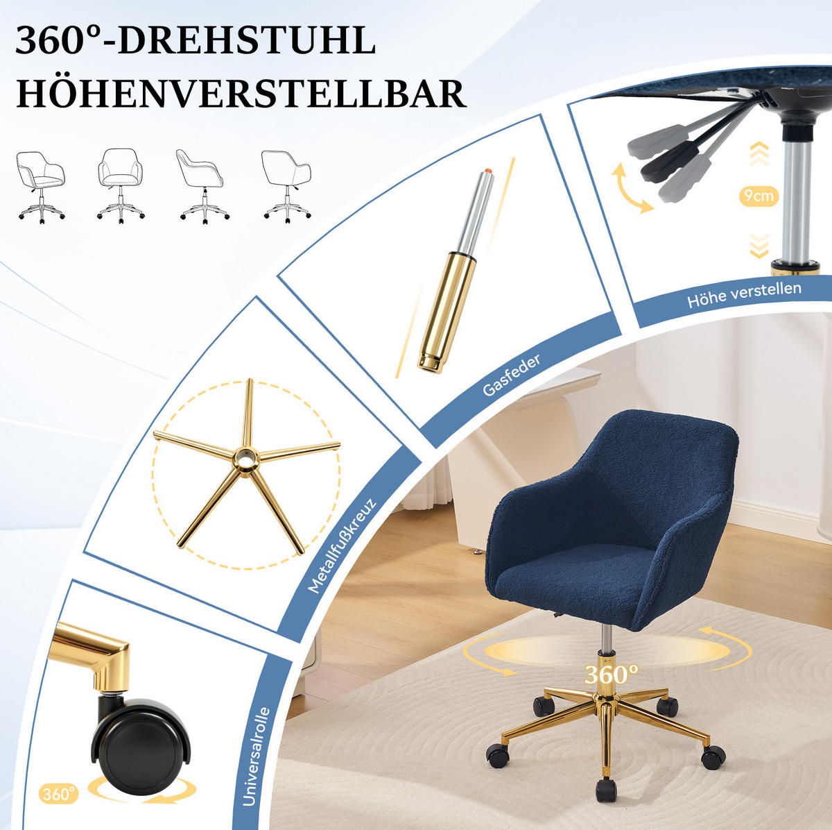 DREHSTUHL 58/58/86 cm Dunkelblau aus Lammfell-Optik höhenverstellbar - Dunkelblau, Textil (58/86/58cm) - OKWISH