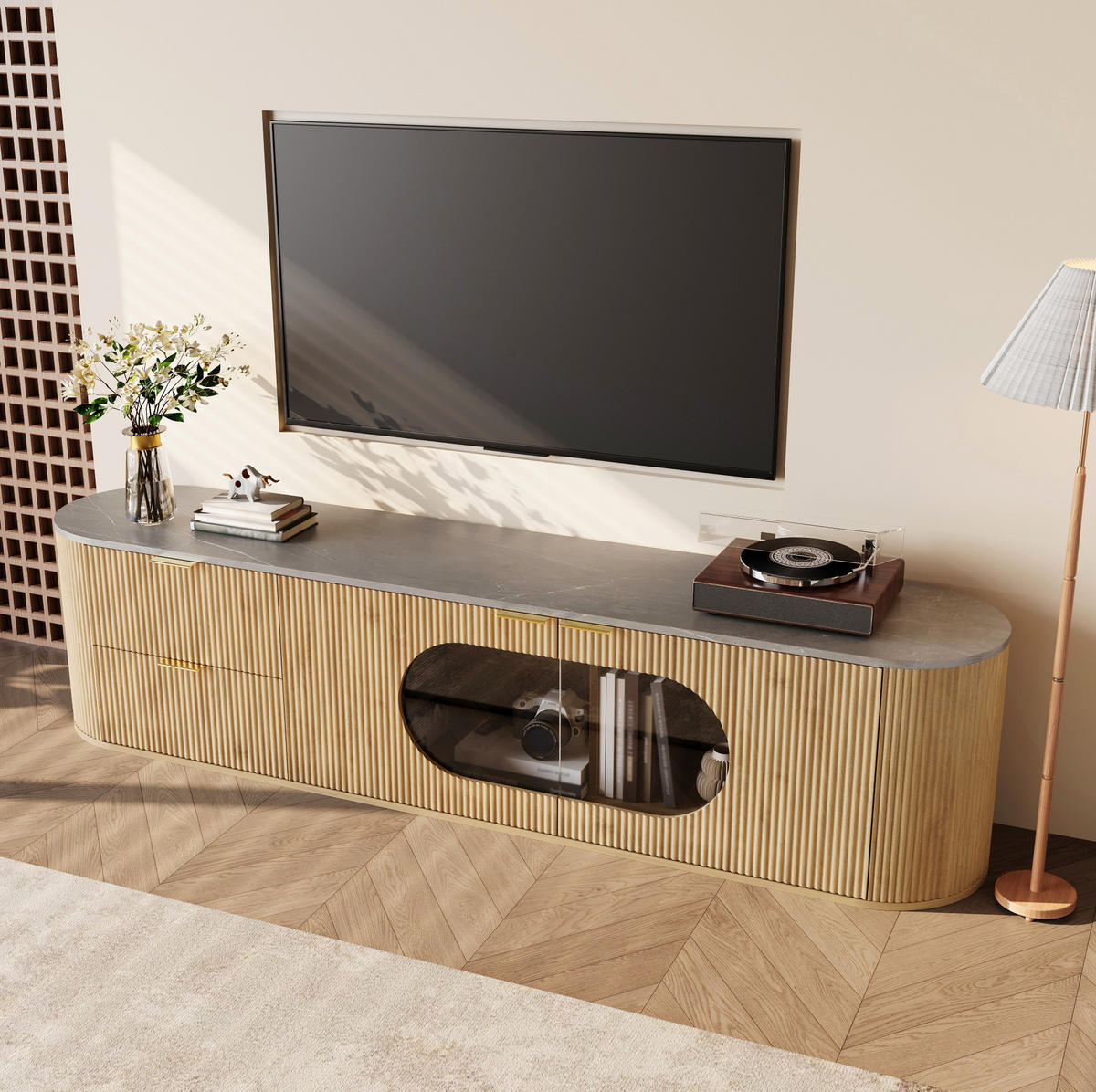 TV-SCHRANK aus MDF und Glas 172x38x45,5 cm Natur mit Stauraum, ovaler Glasvitrine und 3D-Türfronten - Hellbraun, Holzwerkstoff (172/45.5/38cm) - Modfu