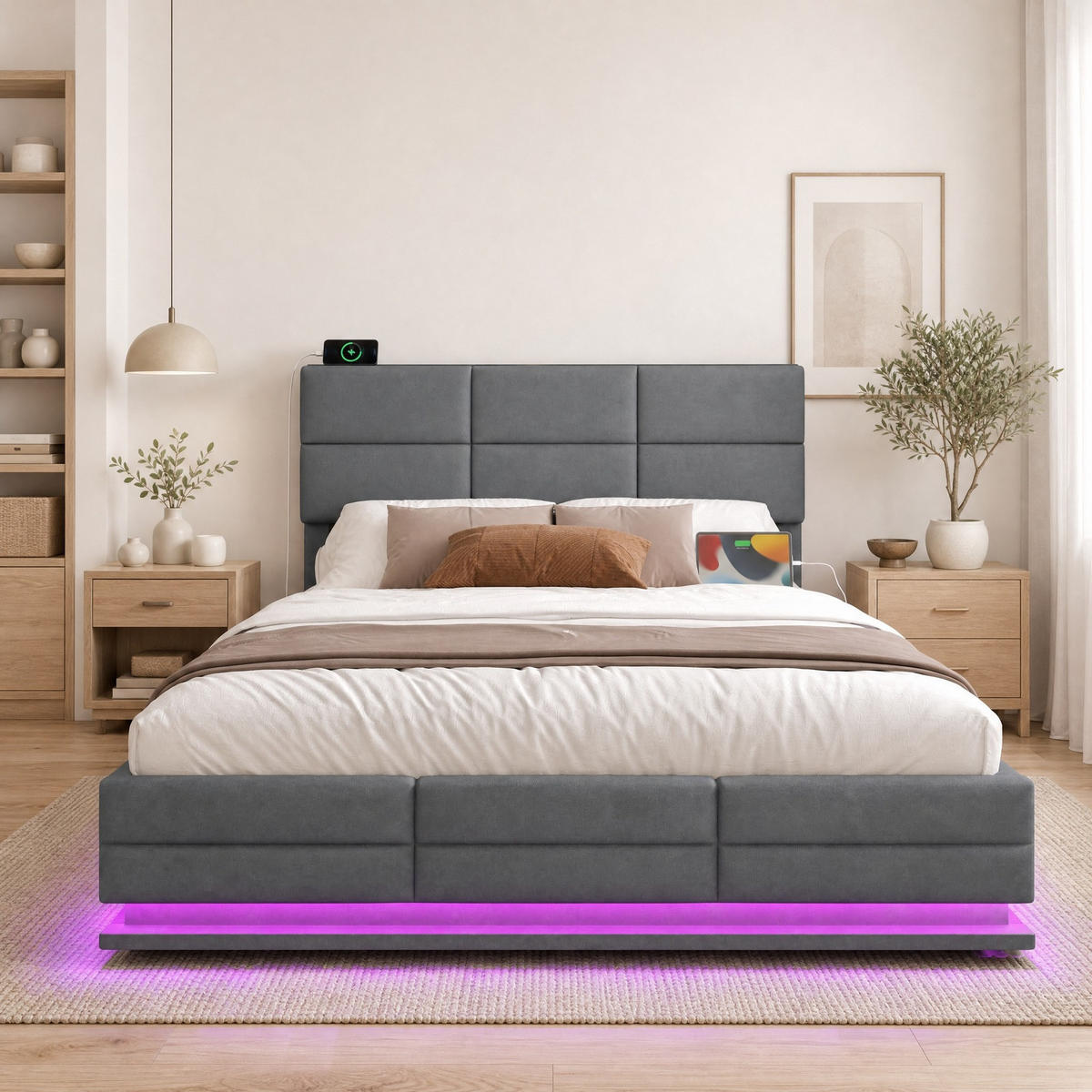 POLSTERBETT 160/200 mit Bettkasten, LED-Beleuchtung, USB-C und höhenverstellbarem Kopfteil in Grau - Grau, Holzwerkstoff/Textil (160/200cm) - EVRYAE